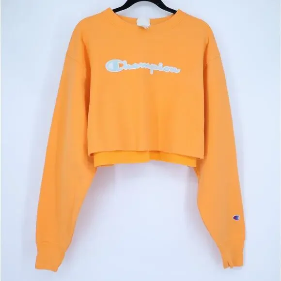 CHAMPION Reverse Weave Cropped Sweatshirt Orange Pullover Crew Neck Women's L - Picture 2 of 12